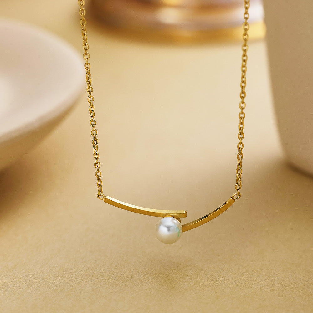 Stainless Steel Pearl Gold Pendant Necklace